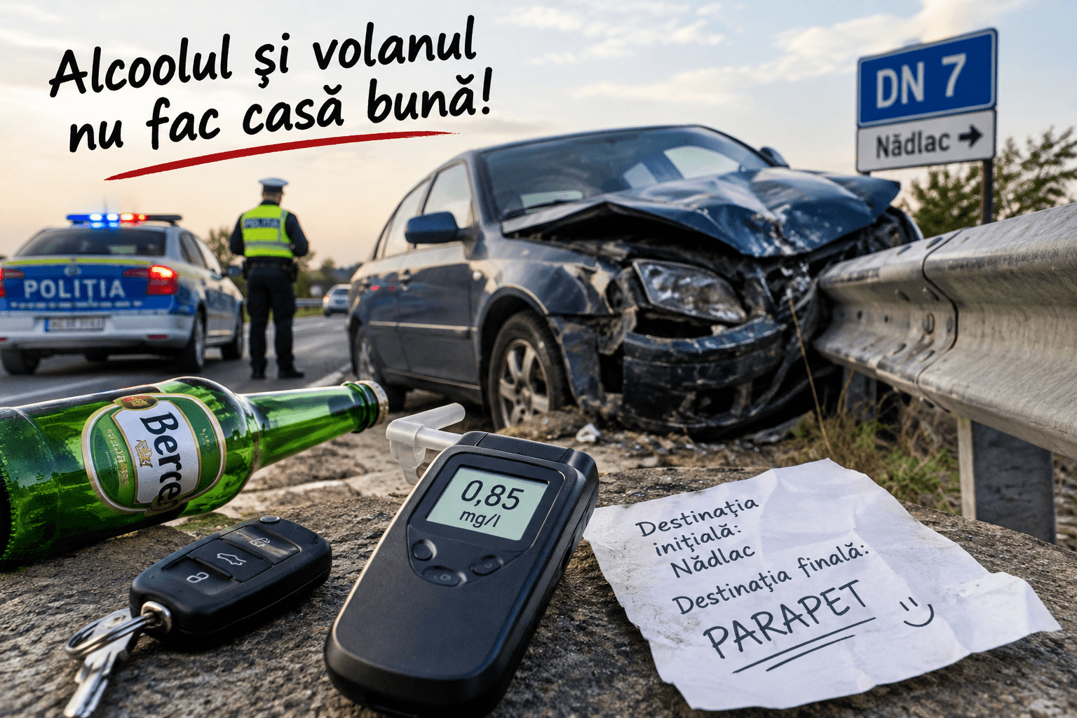 A băut, s-a urcat la volan și a ajuns să negocieze cu parapetul