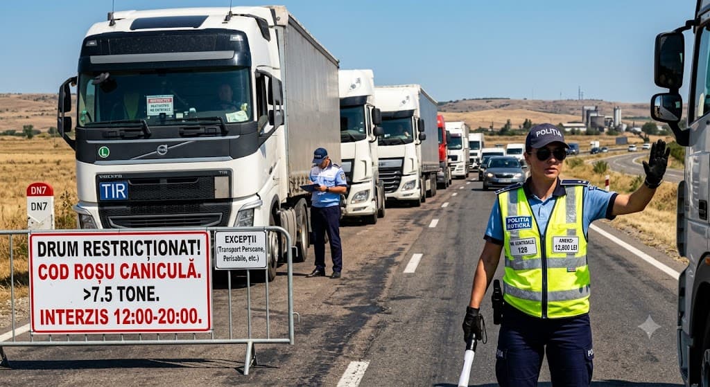 Sfidare la peste 40°C pe șoselele din Arad: Peste 120 de TIR-uri trase pe dreapta direct în arșiță