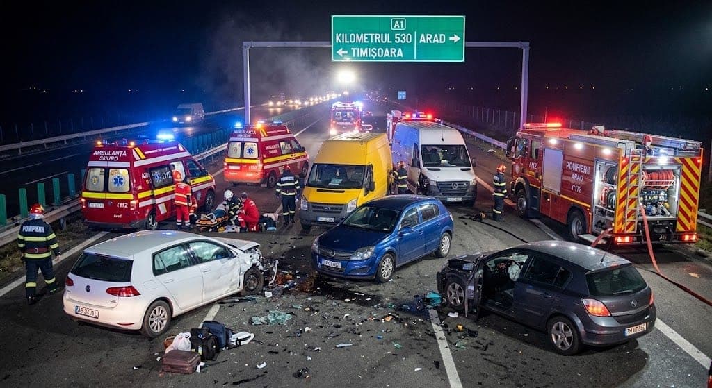 Carambol pe autostrada A1, la kilometrul 530: 5 vehicule implicate și 7 persoane transportate la spital