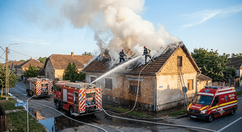 Incendiu violent la Chișineu-Criș: Acoperișul unei case a fost cuprins de flăcări pe o suprafață de 200 mp