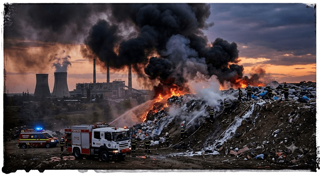 Alarmă la Arad! Incendiu violent la groapa de gunoi din zona CET: Fum gros și suprafețe abrupte! Pompierii au intervenit în forță pentru a opri extinderea flăcărilor
