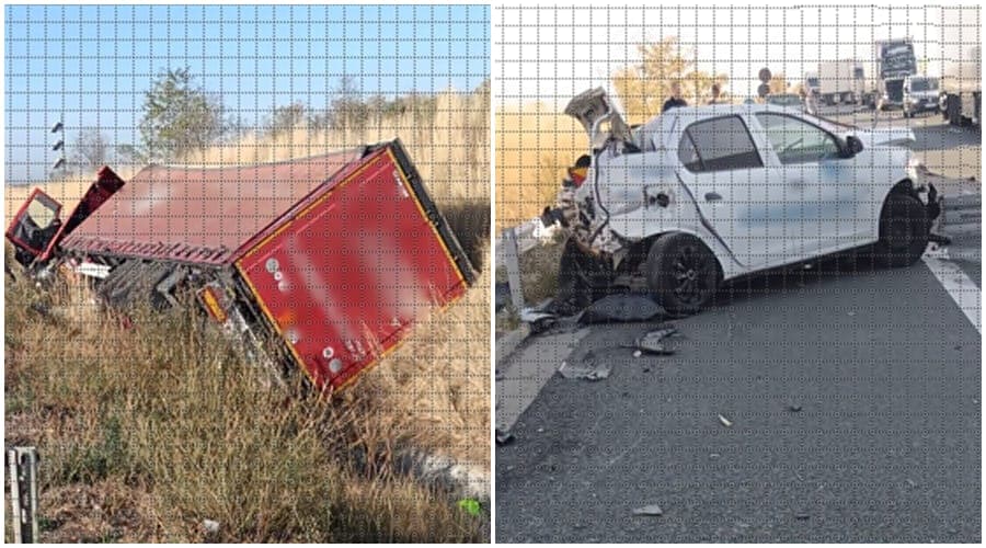 Atenție, șoferi! Impact între un TIR și un autoturism pe A1, spre Arad. Trafic restricționat